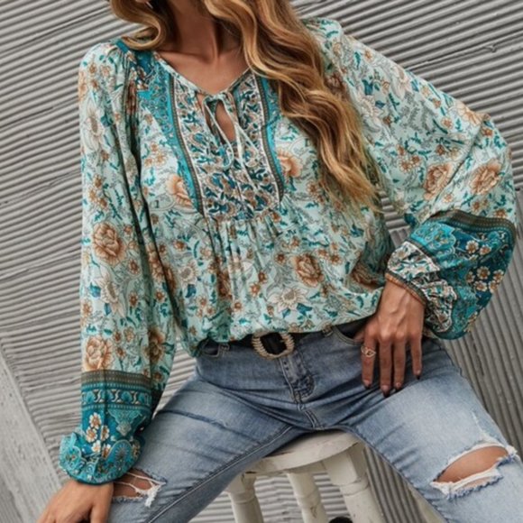 🔴 Teal & Mint Floral Boho Peasant Blouse New - Picture 1 of 14